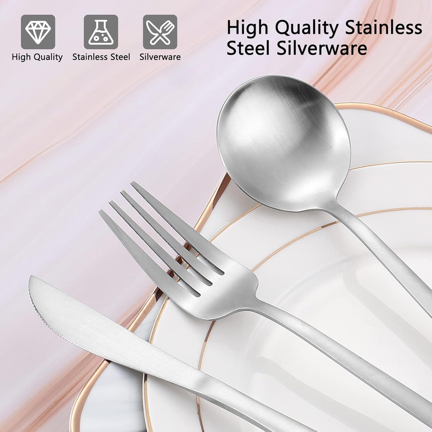 Matte Silverware Set, VANVRO 60-Piece Stainless Steel Flatware Set, Satin Finish tableware Cutlery Set, Service for 12, Home and Restaurant, Dishwasher Safe