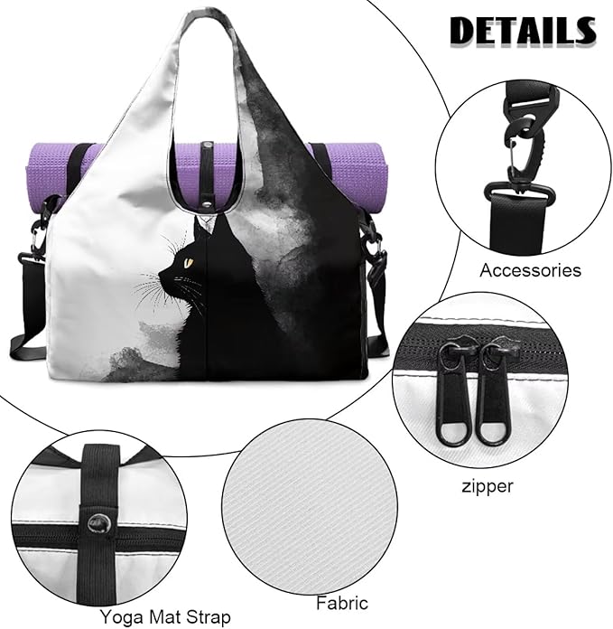 Black Cat Print Gym Bag with Shoe Compartment Large Capacity Duffle Bags Portable Lightweight Gym Bag with Wet Pocket Water Resistant Yoga Mat Holder Duffel Bags Swimming Yoga Workout