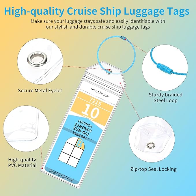 Royal Caribbean Luggage Tag Holders, 10 Pack Zip Seal Clear Cruise Luggage Tag Holder with Steel Loops for Royal Caribbean & Celebrity Cruise Essentials (10 Pcs with 10 Colors Ring)