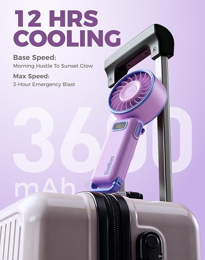 Diveblues Portable Turbo Fan, 7.4m/s High Speed Handheld Fan, 180° Foldable 4-in-1 Personal Neck Fan with Carabiner Clip, 100 Speed Stepless Control, USB-C Rechargeable for Travel, Makeup Hot Flashes