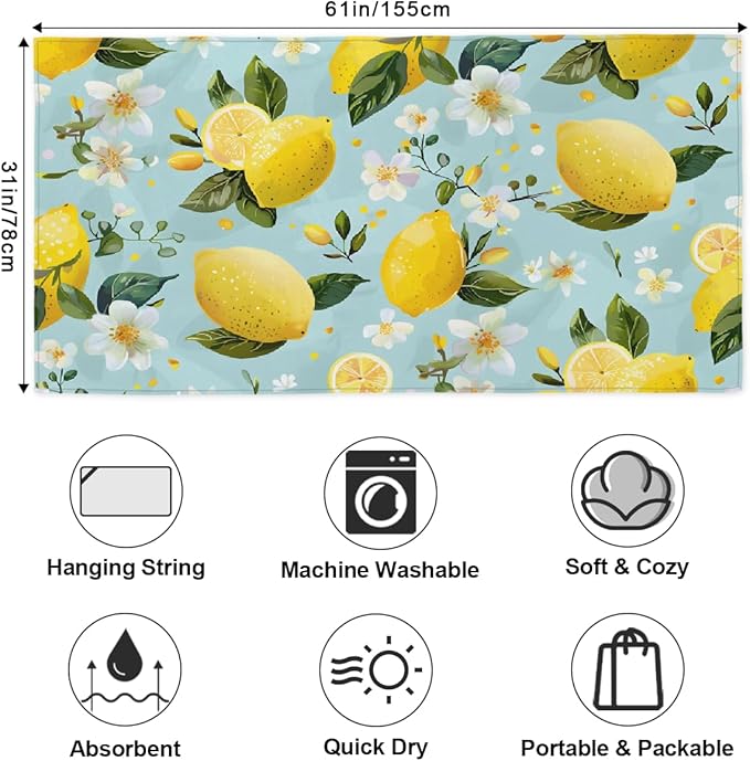 Lemon Summer Flowers Beach Towel, Large Microfiber Quick Dry Lightweight Pool Bath Towels Sand Free Beach Blanket for Summer Cruise Yoga Camping Travel Vacation Essentials 31 x 61 in