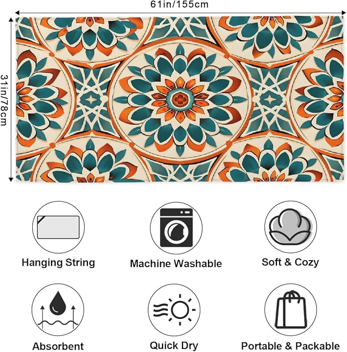 Ethnic Style Mandala Floral Beach Towel, Large Microfiber Quick Dry Lightweight Pool Bath Towels Sand Free Beach Blanket for Summer Cruise Yoga Camping Travel Vacation Essentials 31 x 61 in