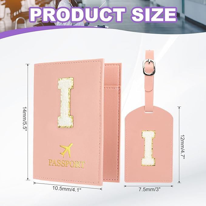 PATIKIL Passport Holder for Travel, Initial Passport Cover and Luggage Tag Set with Alphabet Chenille Letter Patch Travel Wallet Bag Suitcase Identifier for Women Family Travel Pink I