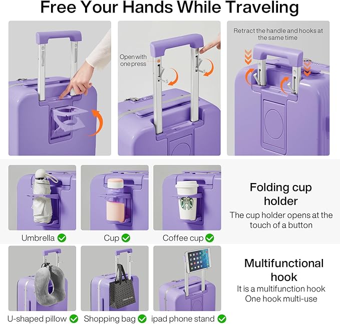 mixi Carry On Luggage with Cup Phone Holder and Charger Hard Shell Suitcases with Spinner Wheels,20 Inch Lilac Purple