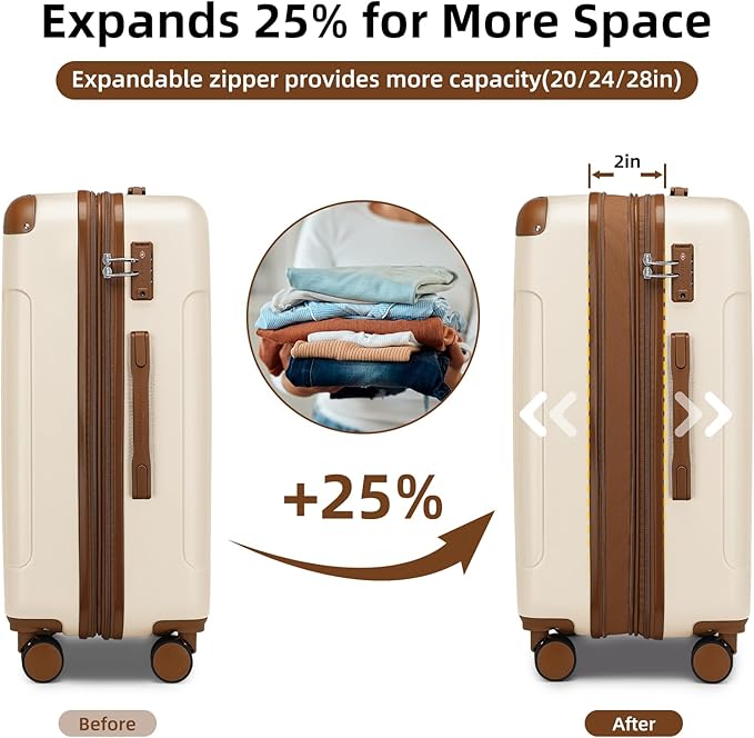 LARVENDER Luggage Sets 6 Piece, Expandable Luggage Set Clearance for Women, Suitcases with Wheels, Hardside Hard Shell Travel Luggage with TSA Lock (White Brown, 6pcs)