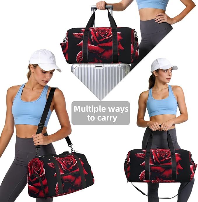 Romantic Red Rose Print Gym Bag with Shoe Compartment for Women Men, 17.7in Sports Duffle Weekender Tote, Overnight Travel Duffel Bag Carry On