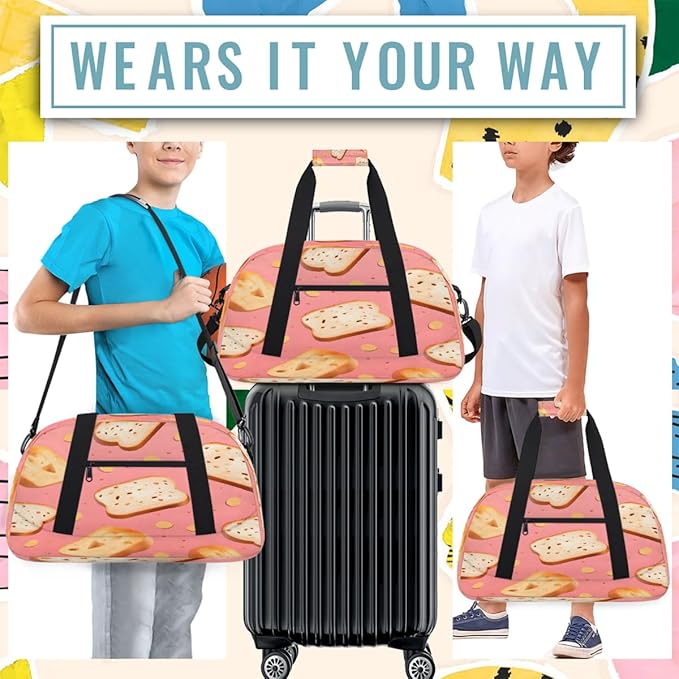 Duffle Bag for Women Men, Pink Bread Gym Bag for Travel Sports, Lightweight Waterproof Weekender Overnight Bags with Adjustable Strap