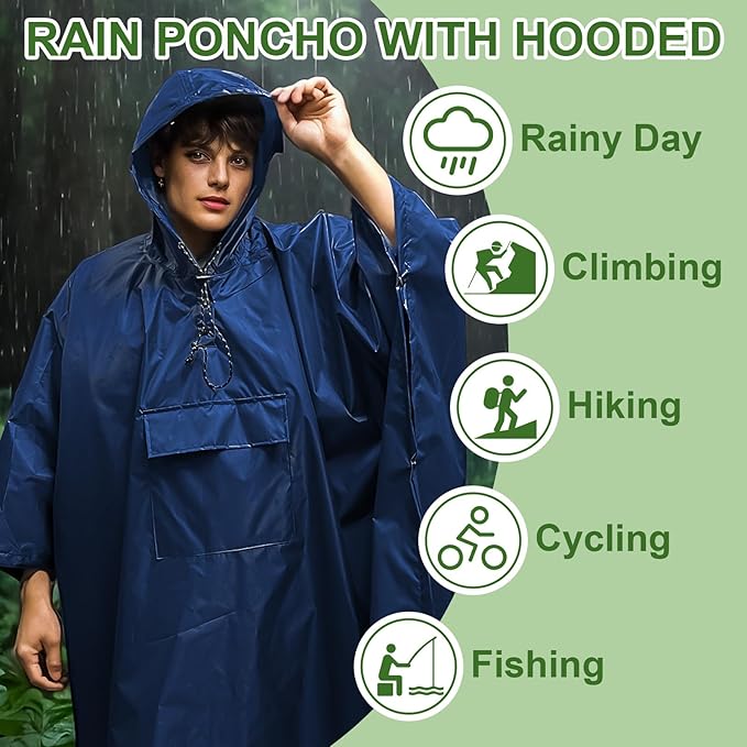 Hooded Rain Poncho for Adults - Waterproof Rain Coat and Lightweight Jacket 3-in-1 Multi-Function with Pockets
