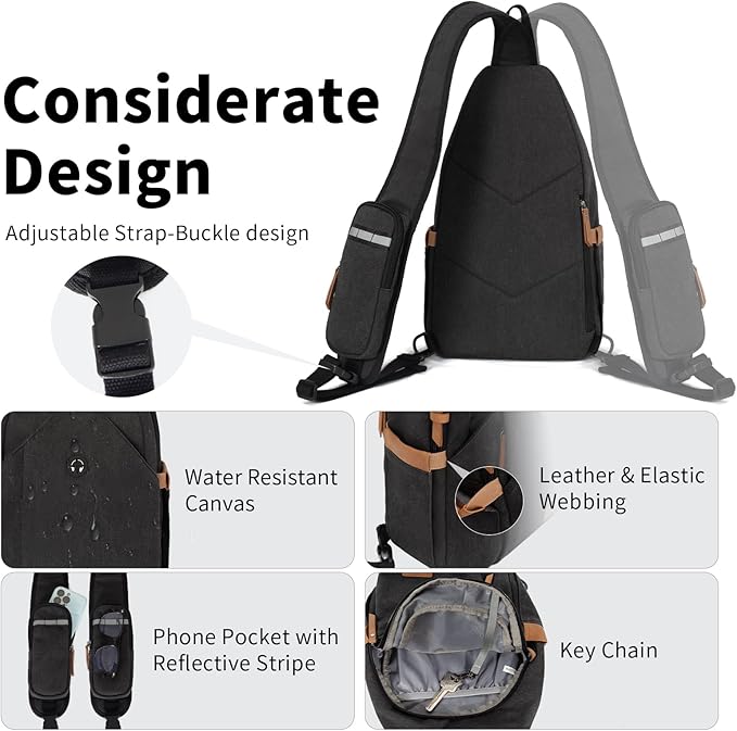 Sling Bag for Men, Anti Theft Crossbody with Tunnel Lock, Waterproof Canvas Shoulder Backpack for Travel Hiking Daily