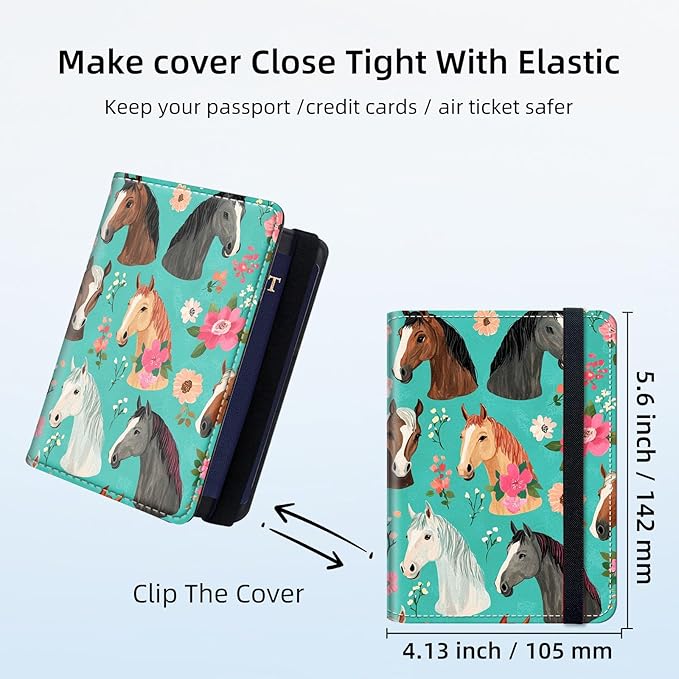 RFID Security Premium Passport and Travel Document Holder Combo, Slim PU Leather Folio Wallet with 3 Card Slots & Boarding Pass Pocket, Secure Elastic Closure Organizer, Horses in Teal with a Floral