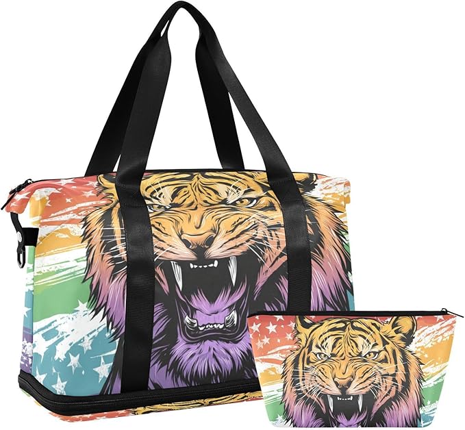 Travel Duffel Bags for Women Cool Tiger Head Sports Duffel Bags Gym Bags with Shoes Compartment Tote Bag Weekender Bag for Travelling
