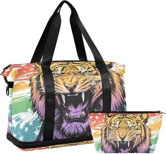 Travel Duffel Bags for Women Cool Tiger Head Sports Duffel Bags Gym Bags with Shoes Compartment Tote Bag Weekender Bag for Travelling