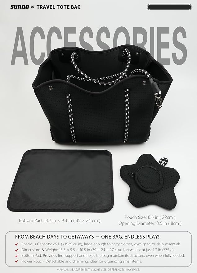 Neoprene Tote Bag for Women, Large Travel Beach Bag with Detachable Pouch, Stylish Lightweight Everyday Carryall
