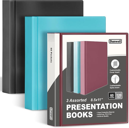 3 Dunwell Binders with 60 Plastic Sleeves (Black, Aqua, Ruby) 60-Pocket Presentation Books, 8.5 x 11 Portfolio Folders with Clear Sheet Protectors, Displays 120-Page Documents, Certificates