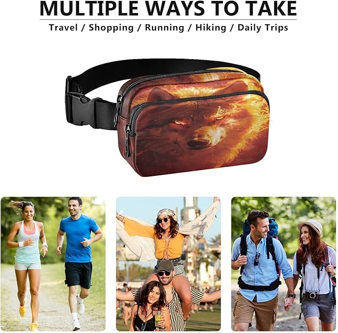 Fire Flame Wolf Head Fanny Pack for Women Men Water Resistant Fashion Waist Packs with Adjustable Strap Belt Bag for Travel Workout Jogging Hiking 21220174