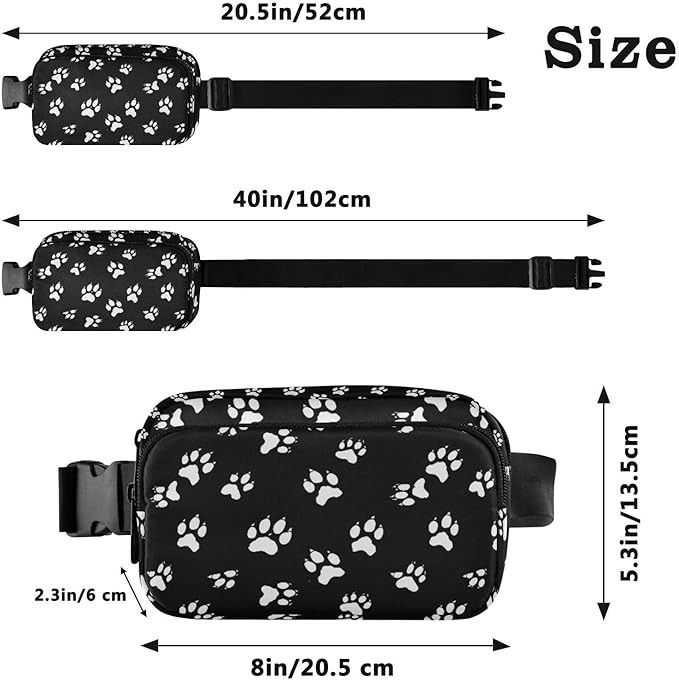 Black and White Animal Paw Fanny Pack for Women Men Water Resistant Fashion Waist Packs with Adjustable Strap Belt Bag for Travel Workout Jogging Hiking 21218274