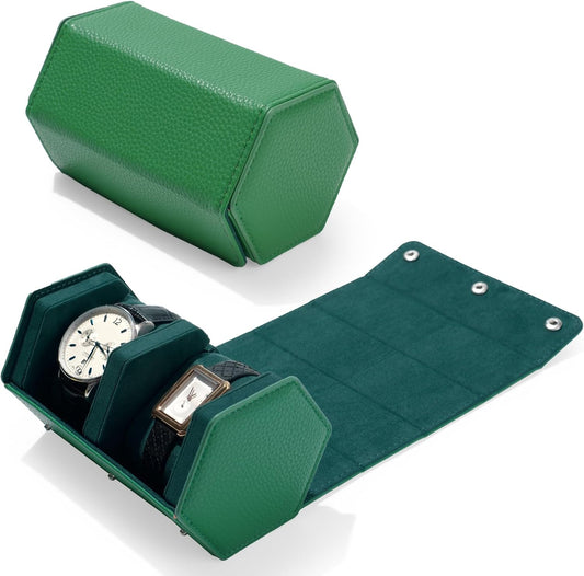 Oirlv Luxury Hexagonal Leather Watch Travel Case Watch Organizer Case for Men Portable Jewelry Storage Roll Organizer(2-Slot,Green)