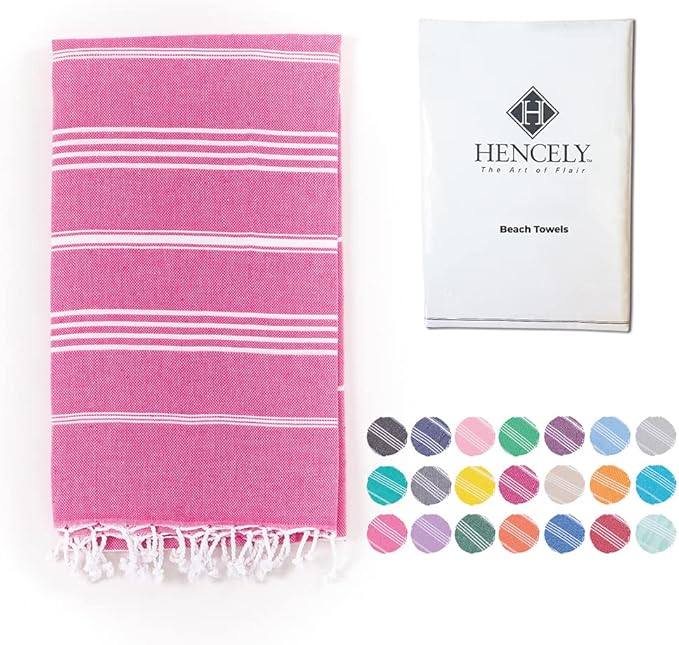 Hencely Turkish Beach Towel 37x68 Oversized, Sand-Free, Quick-Dry, Lightweight - Travel Essential for Pool & Bath - Striped 100% Cotton Bathroom Towels Accessories Gift (Fuchsia)