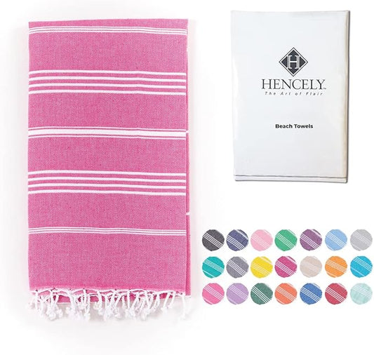 Hencely Turkish Beach Towel 37x68 Oversized, Sand-Free, Quick-Dry, Lightweight - Travel Essential for Pool & Bath - Striped 100% Cotton Bathroom Towels Accessories Gift (Fuchsia)