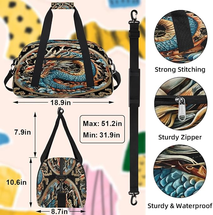 Travel Duffle Bag for travel duffle bag sports Girls Boys Kids Dragon Ethnic Lightweight Overnight Sleepover Weekender Bags Small Dance Gym Sport Bag Teens Carry-On Size Workout Bag