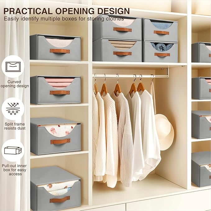 Stackable Storage Drawers - Collapsible Storage Bins with Drawers, 4 Pack Closet Shelf Organizer Basket, Fabric Pull Out Organizer for Bedroom, Living Room, Dorm, Grey