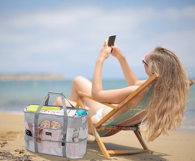 KABAQOO Mesh Beach Bag, Extra Large Beach Bags with 9 Pockets & Zipper Waterproof Lightweight Beach Tote for Beach/Pool Trip | Extra Large, 9 Pockets, Zipper, Waterproof, Lightweight, Beach/Pool Trip