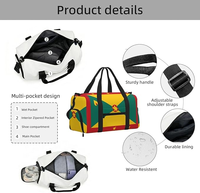 Flag of Grenada Print Gym Bag with Shoe Compartment for Women Men, 17.7in Sports Duffle Weekender Tote, Overnight Travel Duffel Bag Carry On