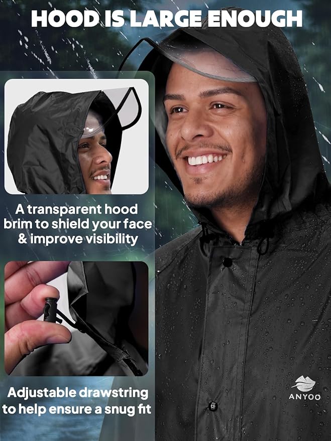 ANYOO Waterproof Rain Jacket for Men Women Lightweight Long Sleeve Raincoat with Hood Emergency Rain Poncho Adults for Hiking
