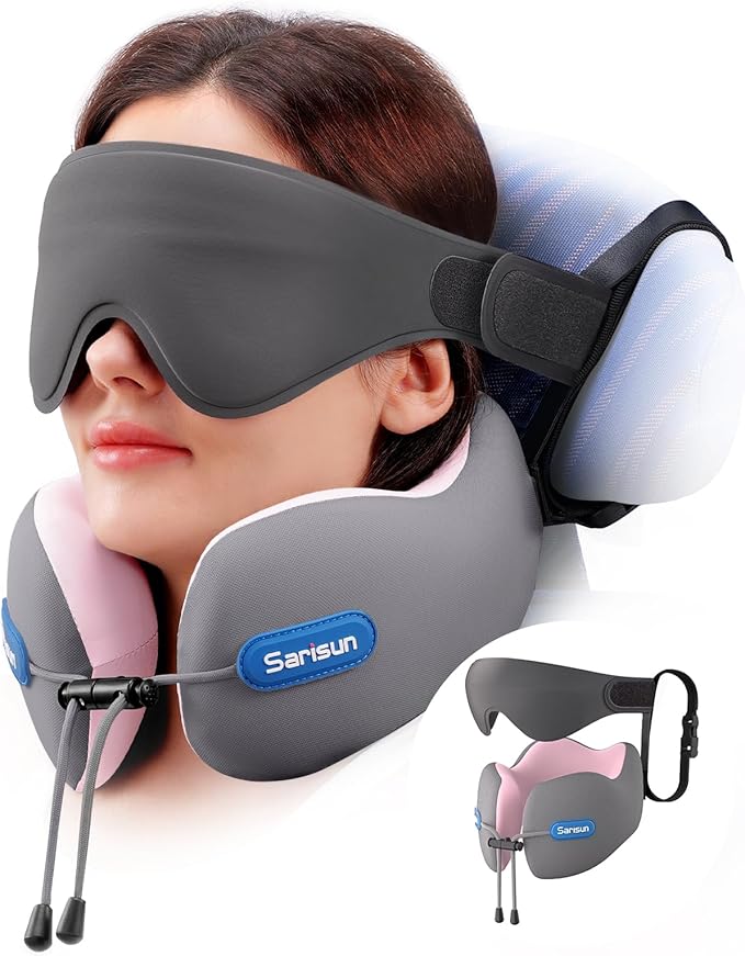 Travel Pillow for Airplane,Neck Pillow with Strap,Combo 3D Eye Mask for Sleep,Dual-Density Supportive Foam Travel Neck Pillow for Airplane Flights,Car Road Trip Travel Essentials Pink