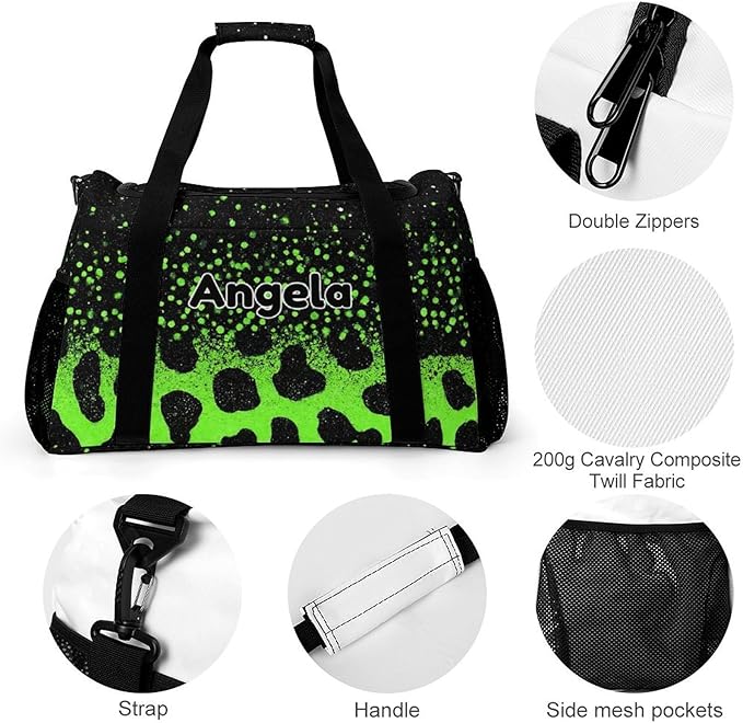 Green Leopard Bling Print Personalized Travel Bag with Name for Women Men Custom Duffel Bag Weekender Bags Sports Tote Gym Bags
