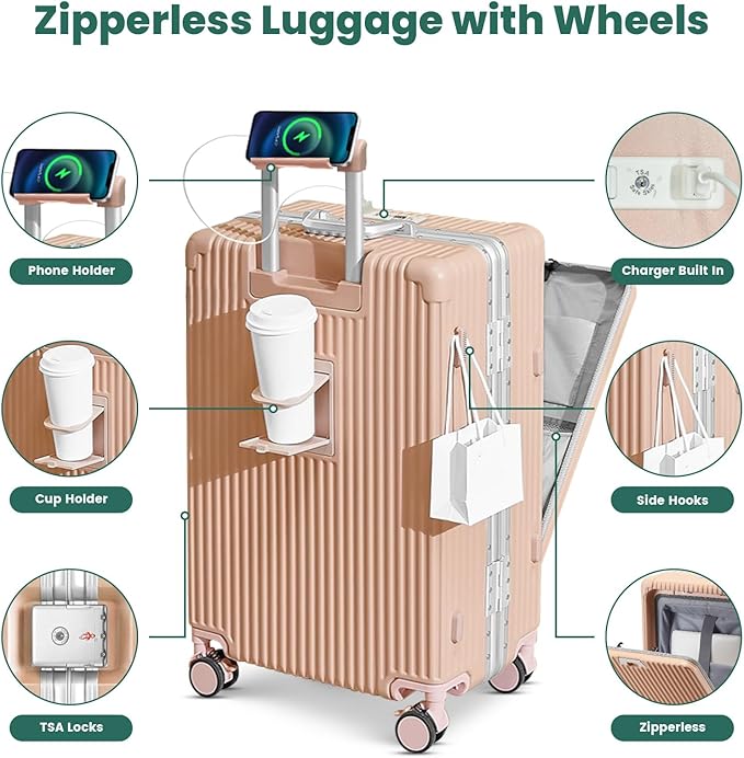 24-Inch Aluminum Frame Checked Luggage, Expandable Hard Shell Spinner Suitcase with Front-Open Pocket, USB Port, Phone Holder & Cup Holder for Men & Women Travel, Pink