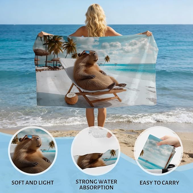 SARA NELL Capybara Beach Towel, Relaxing Tropical Capybara with Sunglasses Print, Summer Pool Beach Towel for Vacation Travel, Soft Quick Dry Lightweight, 32"x52"