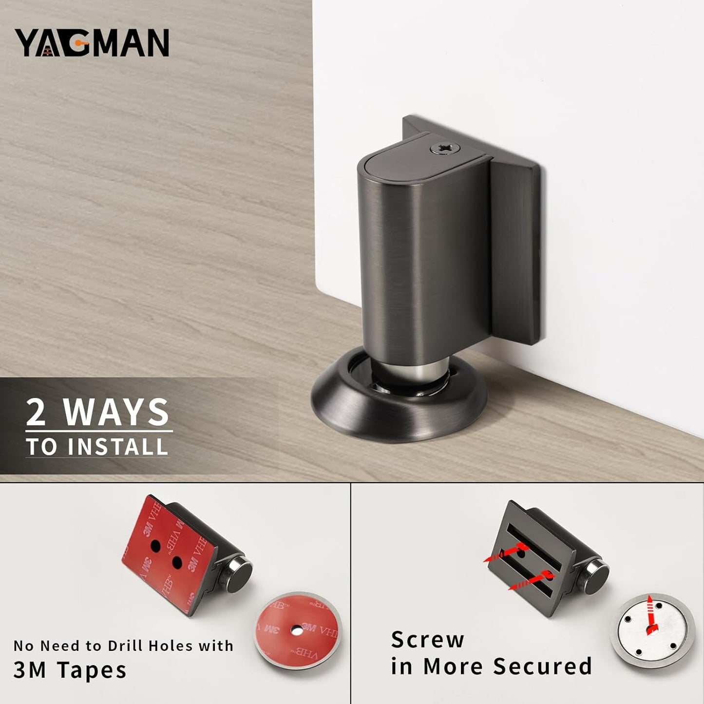 3 Pack Magnetic Door Stoppers Retractable Bottom of Door Holder No Drilling Mount Floor Door Stop with Screws and Adhesive Catch Door Keep Door Open Grey G-3