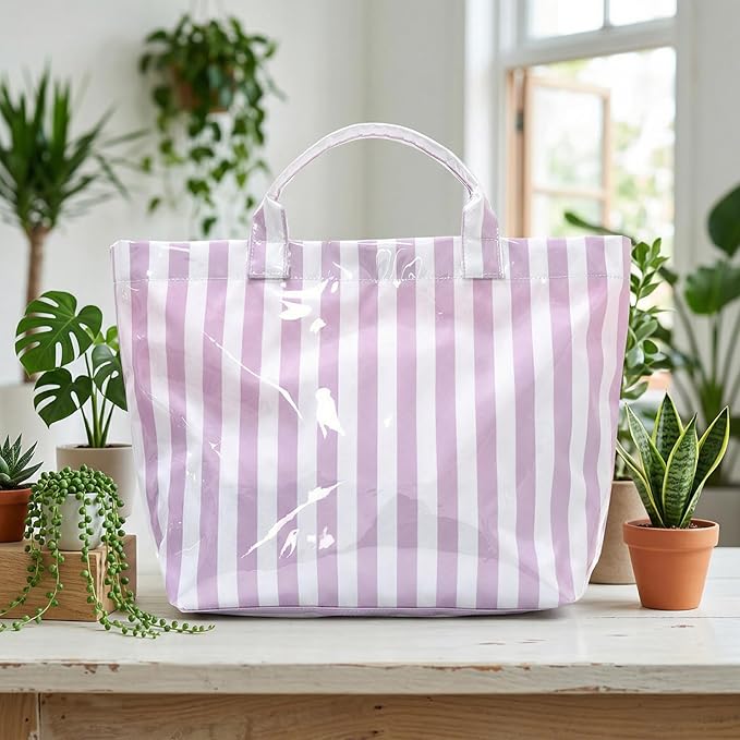 JQWYGB Striped PVC Tote Bag Large Glossy Striped Handbags Waterproof Top Handle Bag Plastic Tote Handbag Beach Travel Work