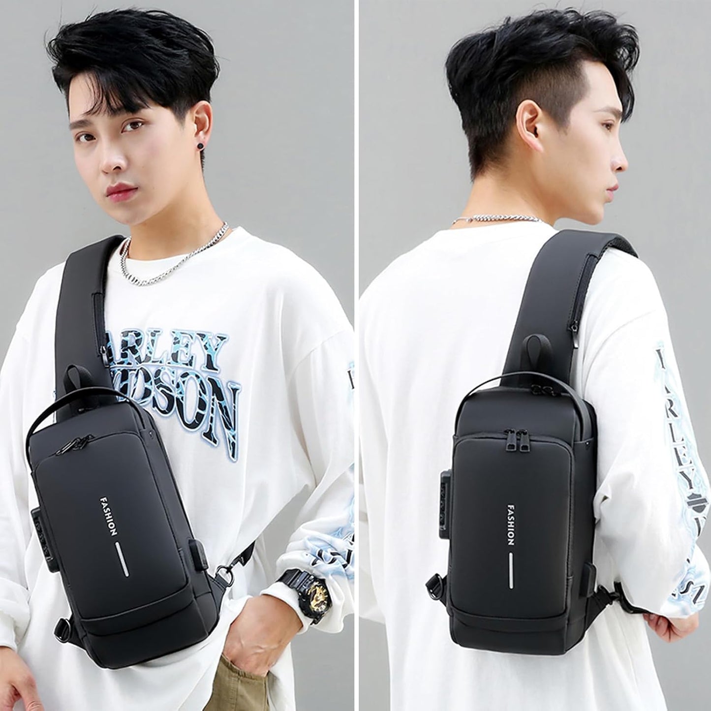 Sling Bag for Men Anti-theft USB Crossbody Shoulder Backpack Purse Waterproof PU Leather Chest Bag Travel Daily Use