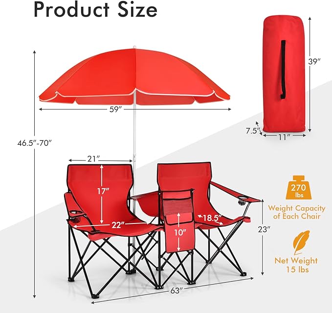 KOTEK Double Camping Chair, Folding Camp Chair with Removable Umbrella, Cup Holders, Cooler Bag, Side Pocket & Carry Bag, 2-Person Beach Chair for Outdoor, Sports, Concerts, Travel, Picnic (Red)