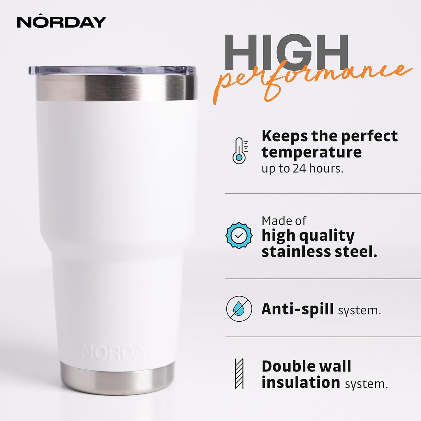 NORDAY | Tumbler with Lid - 30oz - White Insulated Tumbler - Stainless Steel Tumblers - Double Wall Vacuum Insulated Travel Coffee Mug for Car Cup Holder - Keeps Temperature for 24hr - Anti Spill Lid
