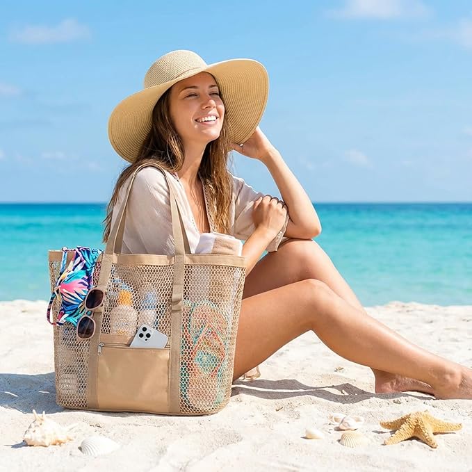 Women's Mesh Beach Bag, Stylish Beach Tote for Swimming, Travel & Vacation Essentials, Lightweight Design for Poolside