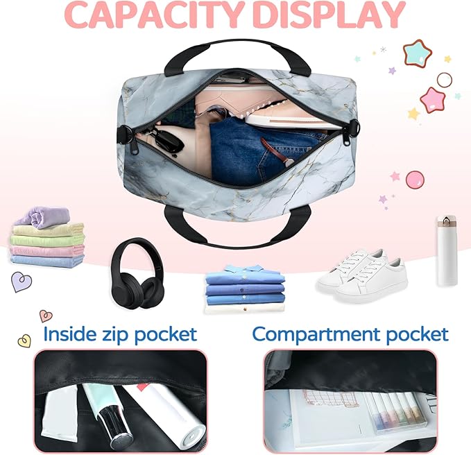 Marble Gym Bag for Women 17 inch Waterproof Carry On Overnight Weekender Bag Sports Duffel Tote Bags for Travel Workout