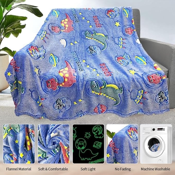 Personalized Dinosaur Blanket for Boys - Glow in The Dark, Soft Fleece Throw for Kids, Toddlers - Birthday Gift, 30"x 40"