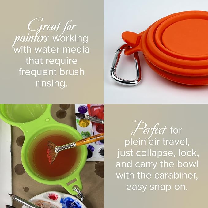 Silver Brush Limited 9055 Silver Essentials Double 230ml/7.8oz Collapsible Water Bowl with Closure, Leak-Proof Paint Brush Water Cup for Water Media, for Studio, Travel, and Plein Air, Orange, 2 Pack