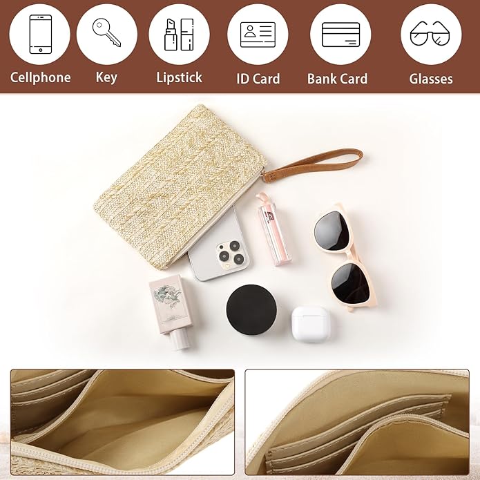Clothirily Straw Purse Bag for Women Bohemian Handbag with Zipper Wristlet, Beach Clutch Womens Straw Clutch Purse for Summer