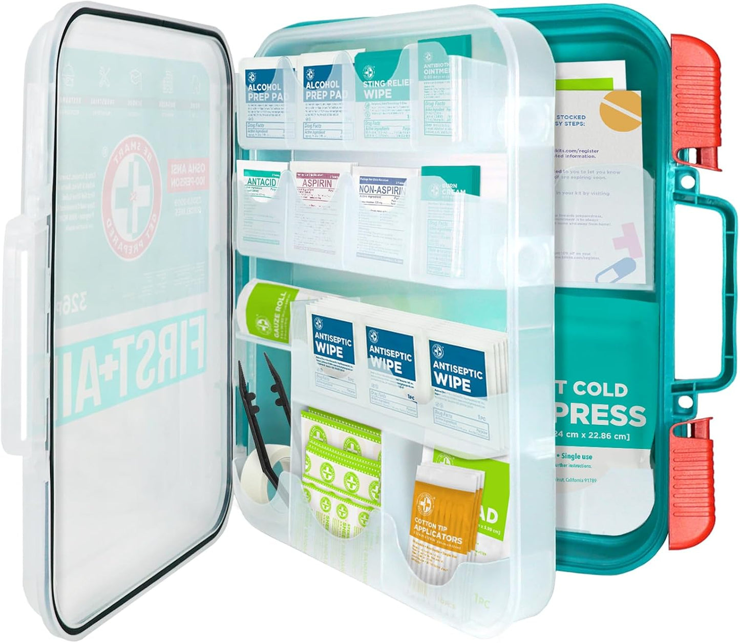 Be Smart Get Prepared First Aid Kit, Teal, 326 Piece, Exceeds OSHA and ANSI Guidelines 100 People - Office, Home, Car, School, Emergency, Survival, Camping, Hunting and Sports
