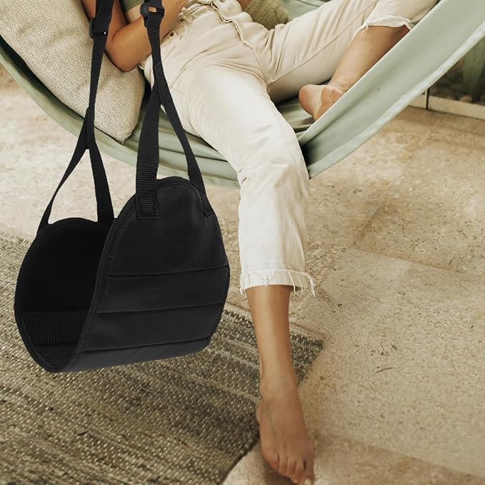 Travel Footrest with Hanging Airplane Foot Hammock and Desk Leg Rest, Portable Black Foot Support for Plane Flights and Office Use, Includes Storage Bag