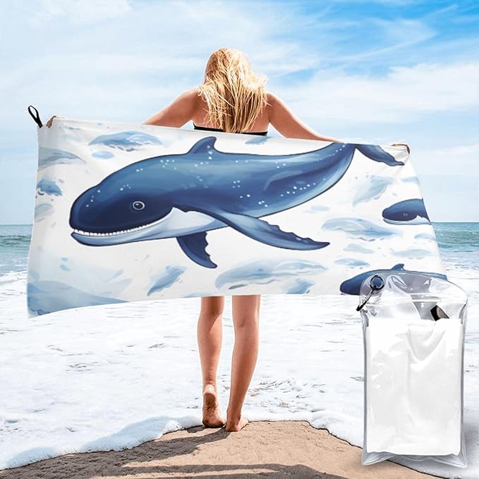 Beach Towel Sand Free Quick Dry Towel Microfiber Oversized Small Blue Whale Swimming Travel Towel 27.5"X55" Absorbent Bath Towel Compact Towel Blanket for Women Men Camping Swim Sports