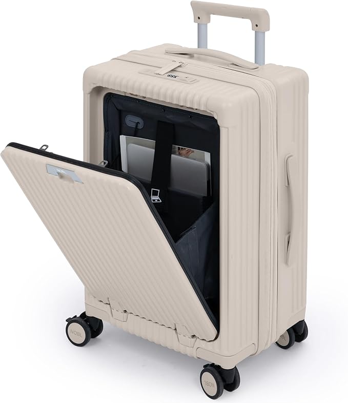 Nobl Travel Carry On Expandable Luggage, Noble Aluminum Frame PC Hard Shell Suitcase, 22.5”x14.2”x9.8” Airline Approved, 360° Spinner Wheels, TSA Locks, USB Charging, Cup & Phone Holder - Sand