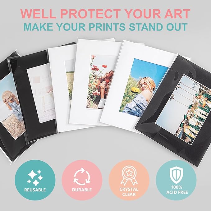 Acid-Free Picture Sleeves, 100Pack Crystal Clear Storage Bags for 8x10 Art Prints, Pictures, Photos, Frame Mats (Bag Size: 8 1/2" x 10 3/8")