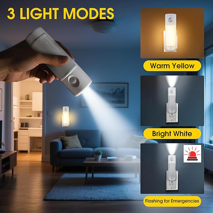 Enhon 2 Pack 4 in 1 Emergency Lights for Home Power Failure, Rechargeable LED Flashlight Plug in Wall, Automatic Turn On Power Outage Night Light with Motion Sensor for Hurricane Preparedness Items