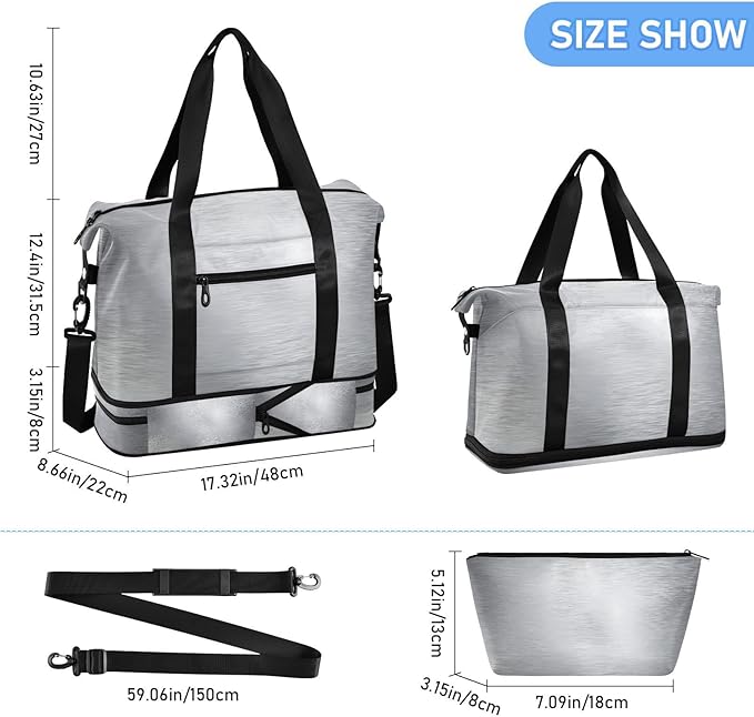 Travel Duffel Bags for Women Metallic Silver Print Sports Duffel Bags Gym Bags with Shoes Compartment Tote Bag Weekender Bag for Travelling
