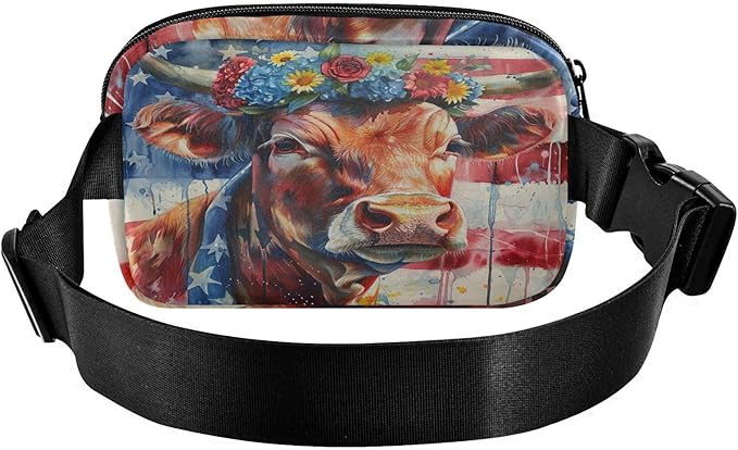 American Flag Cow with Floral Crown Fanny Pack for Women Men Water Resistant Fashion Waist Packs with Adjustable Strap Belt Bag for Travel Workout Jogging Hiking 21220212